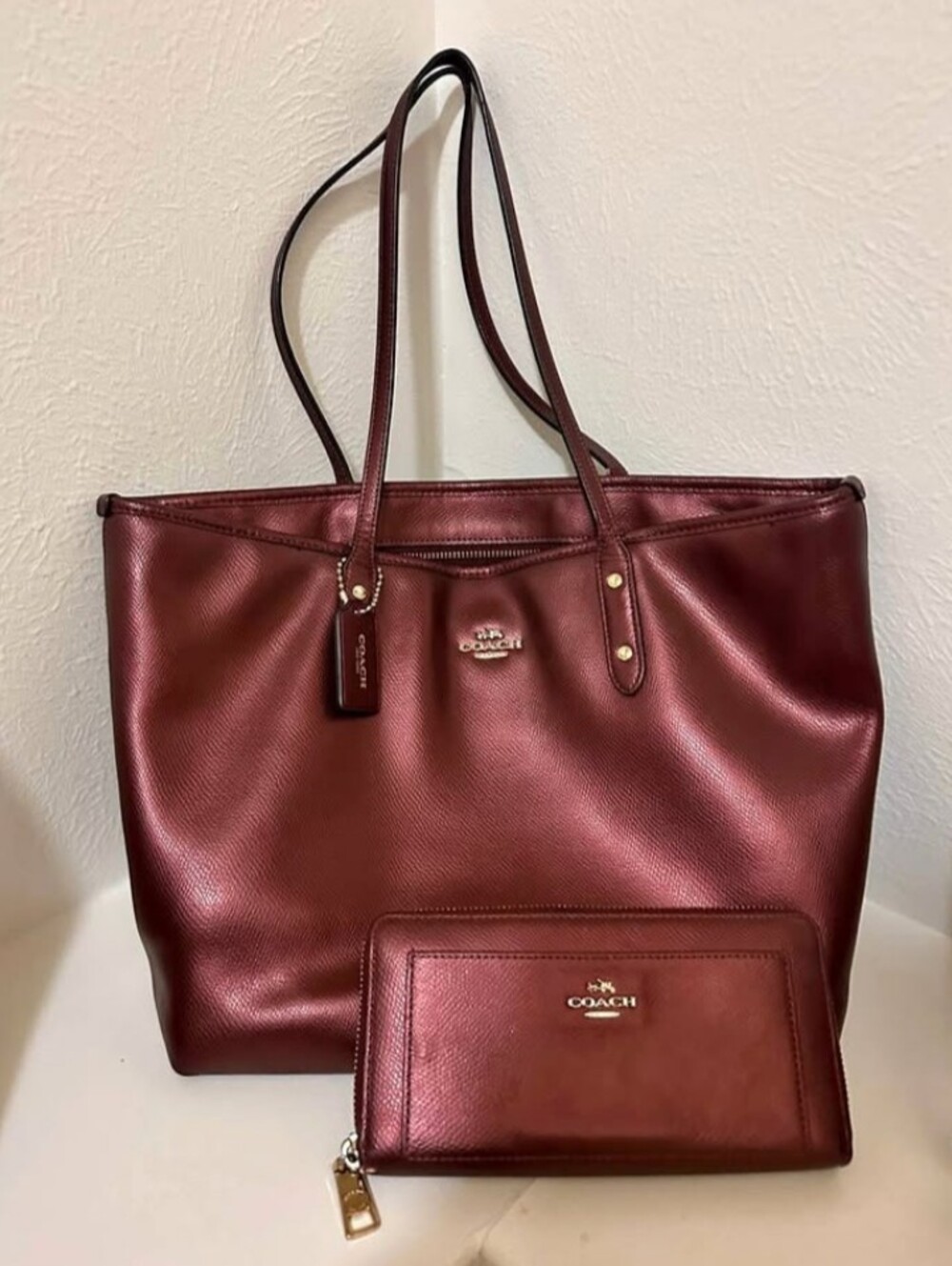 COACH Metallic Burgundy Leather Tote with Matching Wallet